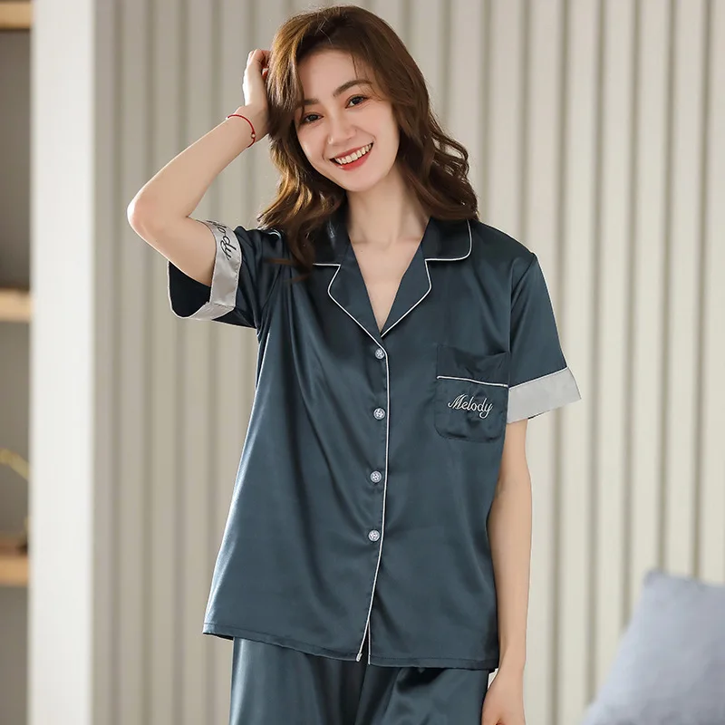 

Pajamas Suit Nightwear Lapel Homewear Sleep Set Women Shirt Shorts Silk Sexy Loose Home Clothes Solid Print Color Sleepwear