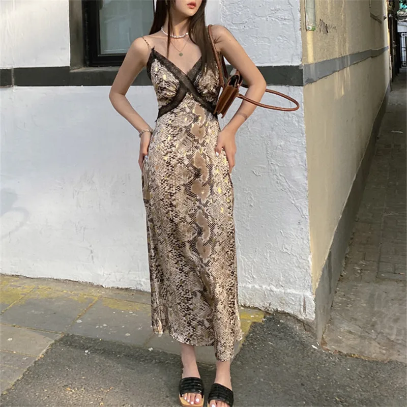 

High Quality Women Lace Patchwork Snake Print Suspender Dress Summer New Sexy Slim High Waist Sleeveless Ladies Dresses Vestidos