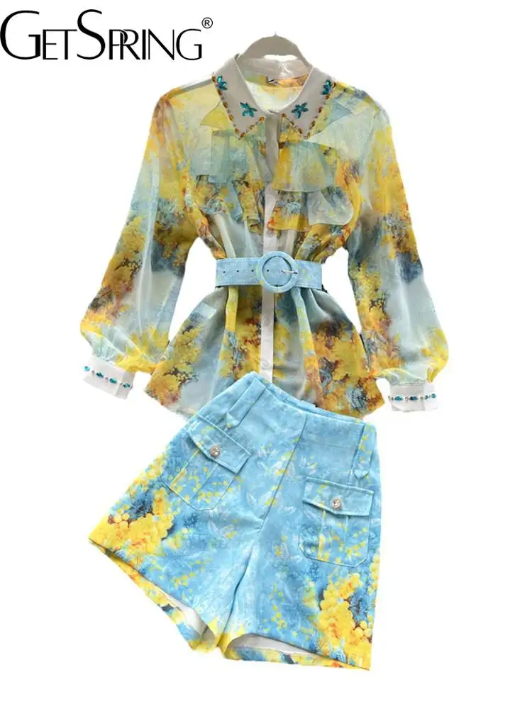 

YUERWANG Women Shorts Sets Chiffon Printed Long Sleeve Women's Shirt High Waist Wide Leg Shorts Two Piece Sets Spring Summer New