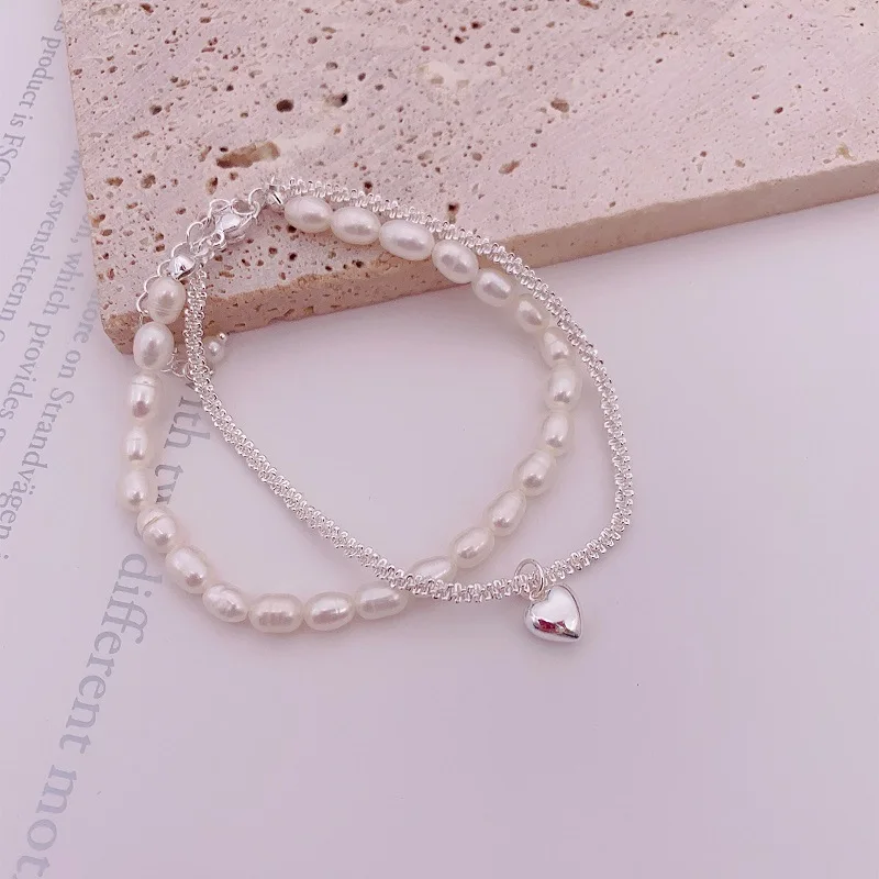 

Minar Lovely Double Layers Freshwater Pearl Beaded Bracelets for Women Silver Heart Bling Bling Water Wave Chain Bracelet 2023