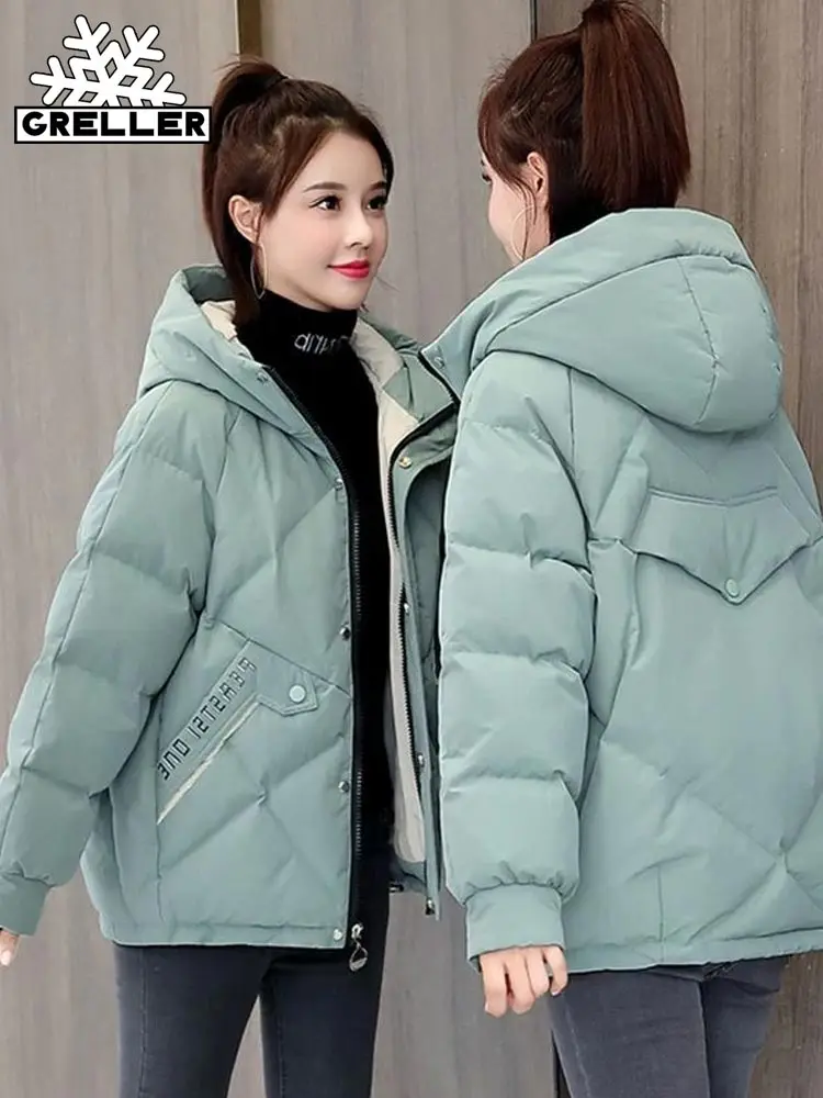 GRELLER 2022 New Autumn Winter Jacket Women Parkas Hooded Thick Down Cotton Padded Female Jacket Short Winter Coat Women Outwear