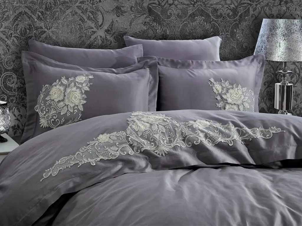 

Jenna embroidered cotton satin double duvet cover set anthracite