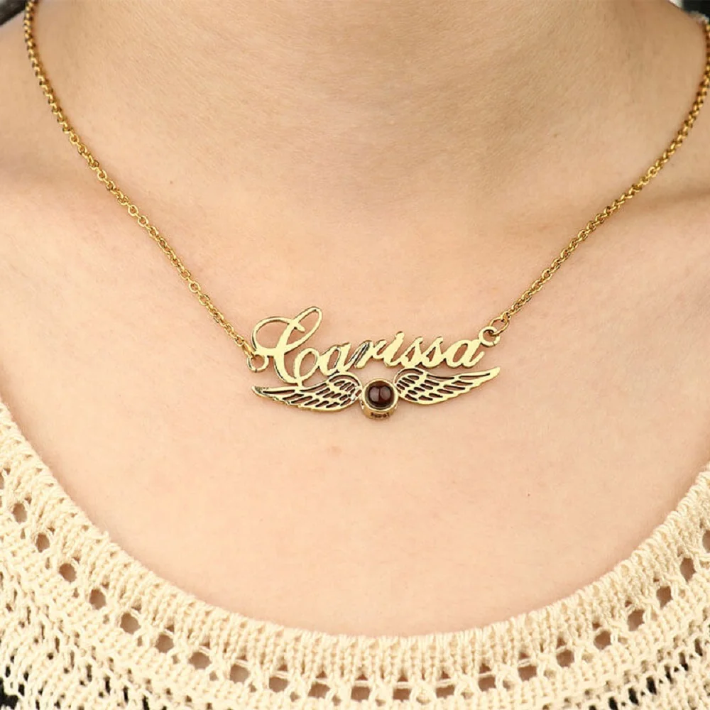 Custom Photo Wings Projection Necklace Personalized Name Pendant Stainless Steel Jewelry Valentine's Day Gifts For Girls Couples
