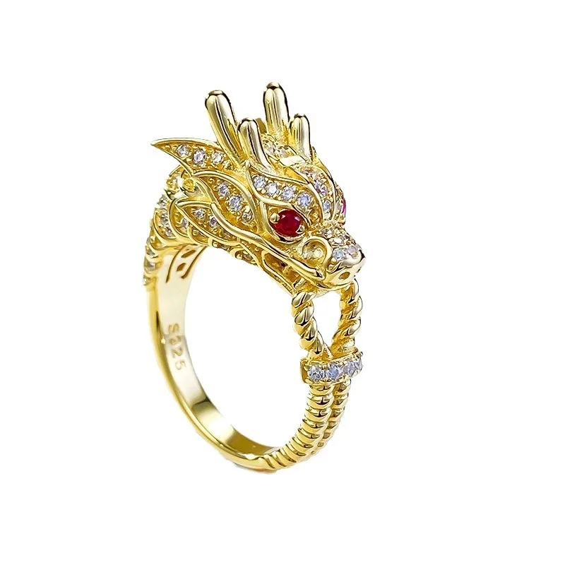 Шикарное Золотое кольцо с посеребренным покрытием S925 Китай золотой дракон