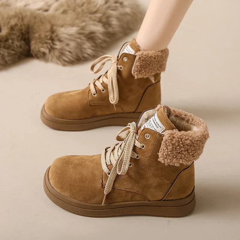 

Женские ботильоны со шнуровкой, теплые современные ботинки на платформе, нескользящая обувь на плоской подошве с круглым носком, 2023