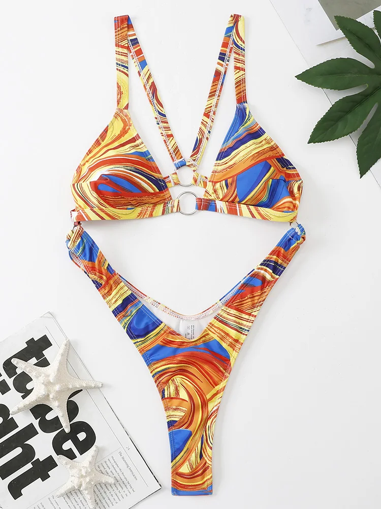 New Printed Metal Ring Tummy Cut Out Thong Women Swimwear One Piece Swimsuit Female High Cut Monokini Bather Bathing Suit Swim