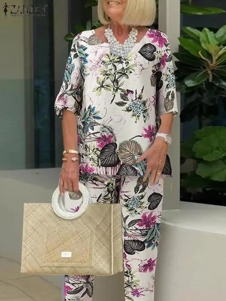 

ZANZEA Summer Women Matching Sets Tracksuit Floral Printed O-Neck Short Sleeve Blouse Bohemian Fashion Vintage Casual Trousers