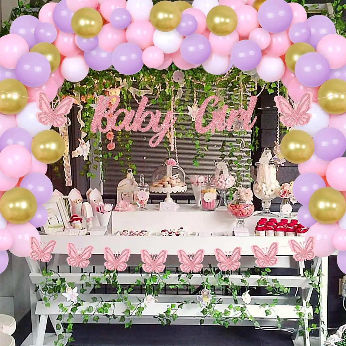 

JOLLYBOOM Pink Purple Balloon Garland Arch Kit Background Decoration with Butterfly Banner for Baby Girl Birthday Party Supplies