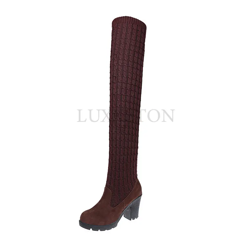 

High Heeled Boots Knee Length Wool Boots Round Head Elastic European and American Fashion Autumn and Winter 2022