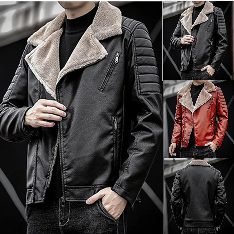 

Mandylandy Autumn and Winter Jacket Men Warm Fur Integrated Faux Leather Jacket Jaqueta Men Thickened Lapel Leather Coat Jackets