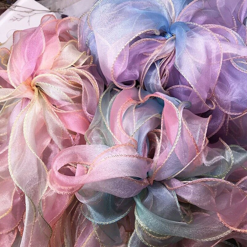 

25 Yards Rainbow Gold Edge Yarn Wavy Yarn Mesh Gradient Gauze Edge Tulle Ruffle Trim Fabric DIY Clothes Hat Dress Sewing Craft