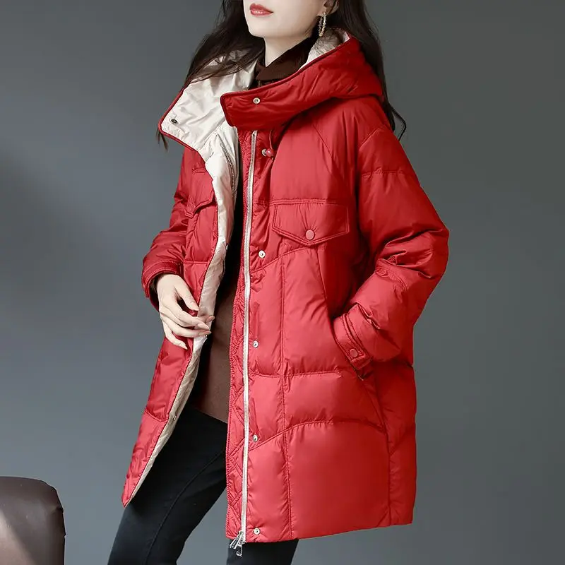 

Winter Warm Hooded White Duck Down Coats Women Loose Mid Length Down Overcoats Thicken Thickening Snow Wear Jackets New M77