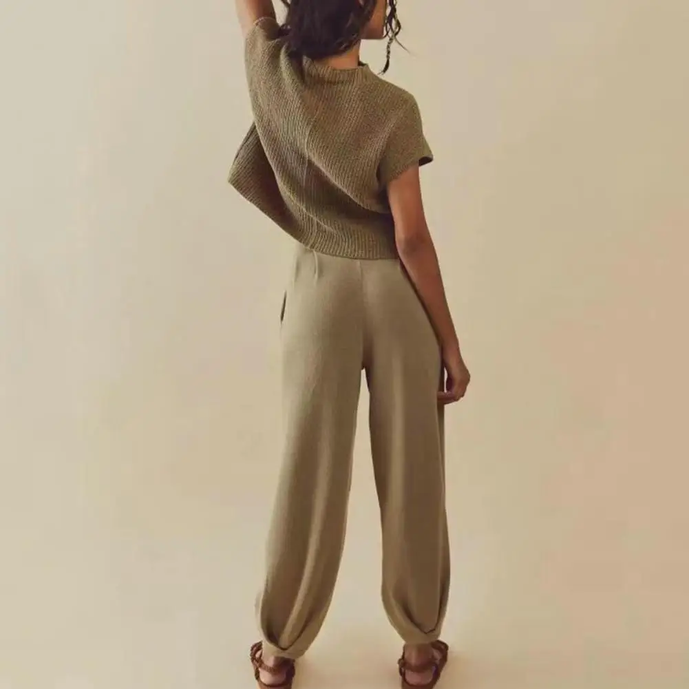 

Топ с коротким рукавом и повседневные брюки, комплект из 2 предметов, Женский вязаный Топ и спортивные брюки с карманами с высокой талией для весны и осени
