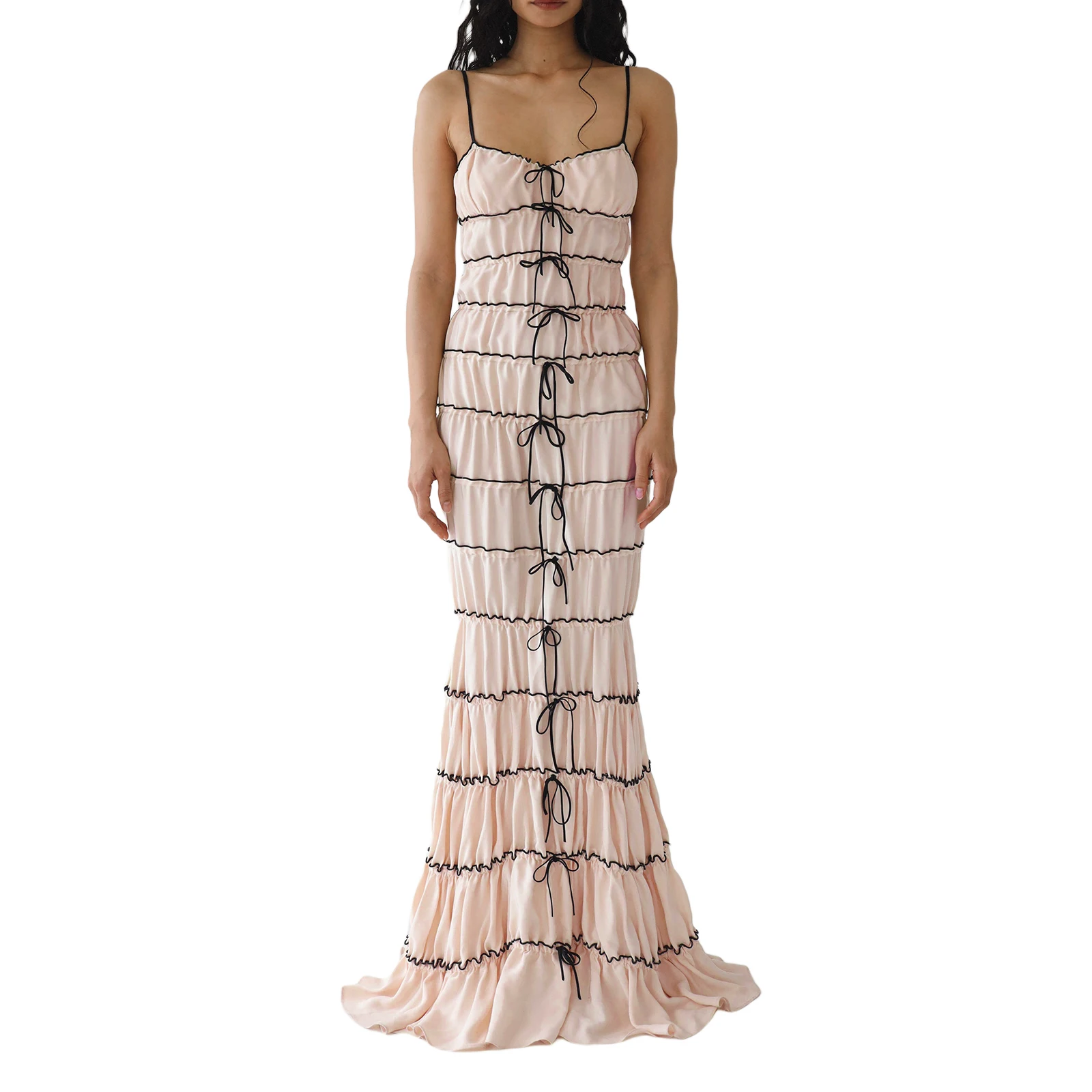 

Женское винтажное платье на бретельках HEZIOWYUN Y2K, Летнее Длинное облегающее платье на бретельках без рукавов с низким вырезом, платье контрастных цветов с рюшами и завязкой