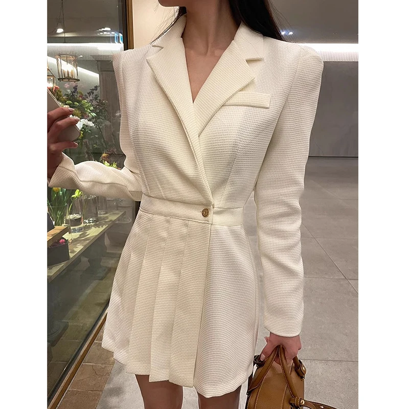 

SuperAen Korean Style Autumn Suit Collar Splice One Button Pleated Design Dress Short Dress