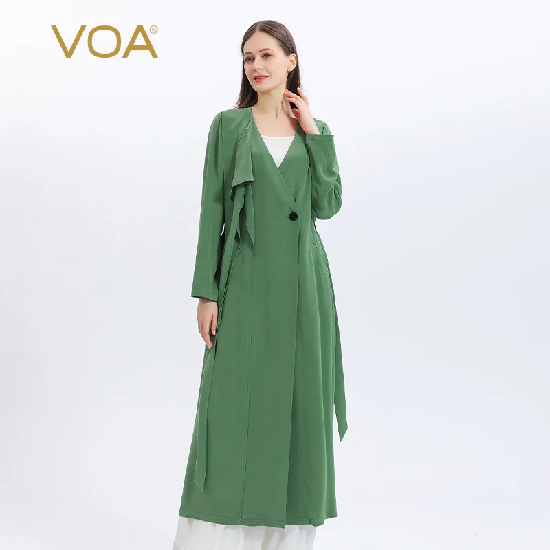 VOA Simple V-Neck Single Button with Belt Spring Autumn Silk Women Coats Office Ladies Long Sleeve Trench Women Fashion FE195