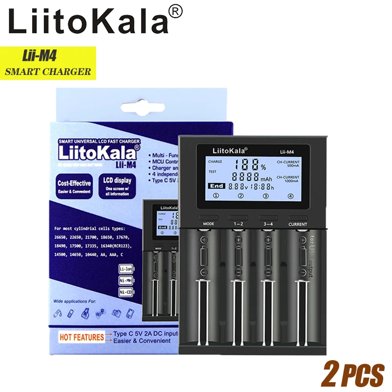 

2PCS LiitoKala Lii-M4 Lii-M4S 18650 Smart Charger LCD Display for 26650 21700 32650 20700 21700 16340 AA AAA battery/5V 2A USB