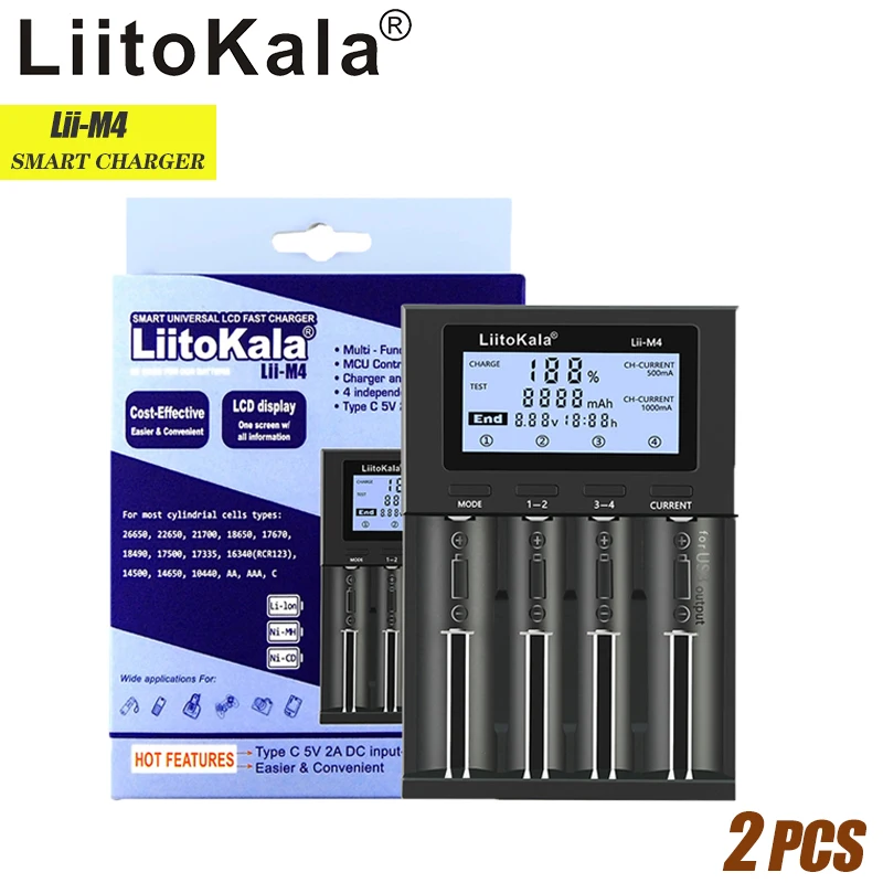 2PCS LiitoKala Lii-M4 Lii-M4S 18650 Smart Charger LCD Display for 26650 21700 32650 20700 21700 16340 AA AAA battery/5V 2A USB