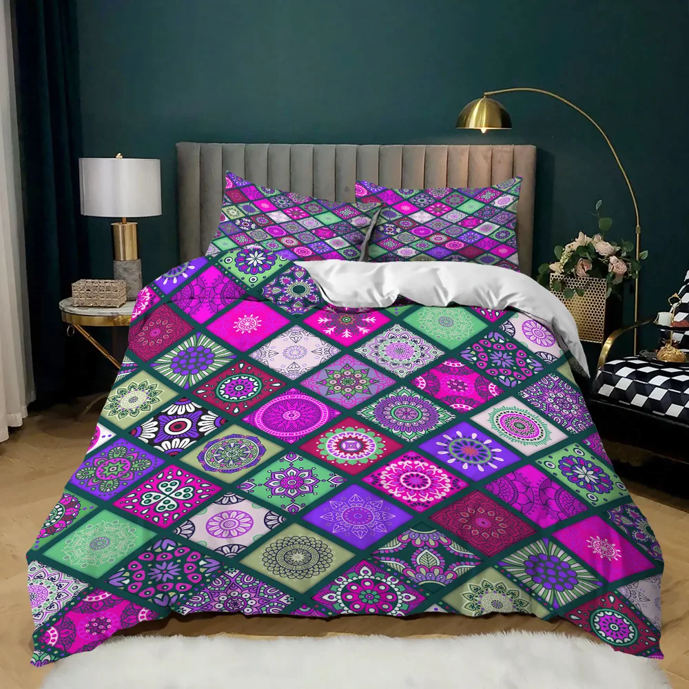 

Bedding Set Super Soft Microfiber Quilt Cover Lattice Duvet Cover Set King Size Hexagonal Lattice Boho Ethnic Mandala Pattern