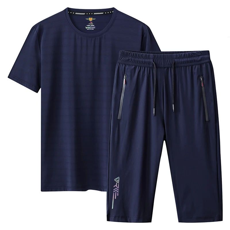 Men's Summer Tracksuit Casual Fashion T-shirt Ice Silk Super Soft 2-piece Sets with T-shirt and Cropped Shorts Oversized L-8XL