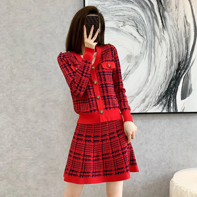 

Spring Vintage Women 2 Piece Plaid Knitted Sweater + Skirt Sets Ruffles Cardigans + Elastic Waist Skirt Elegant Outfits Suits