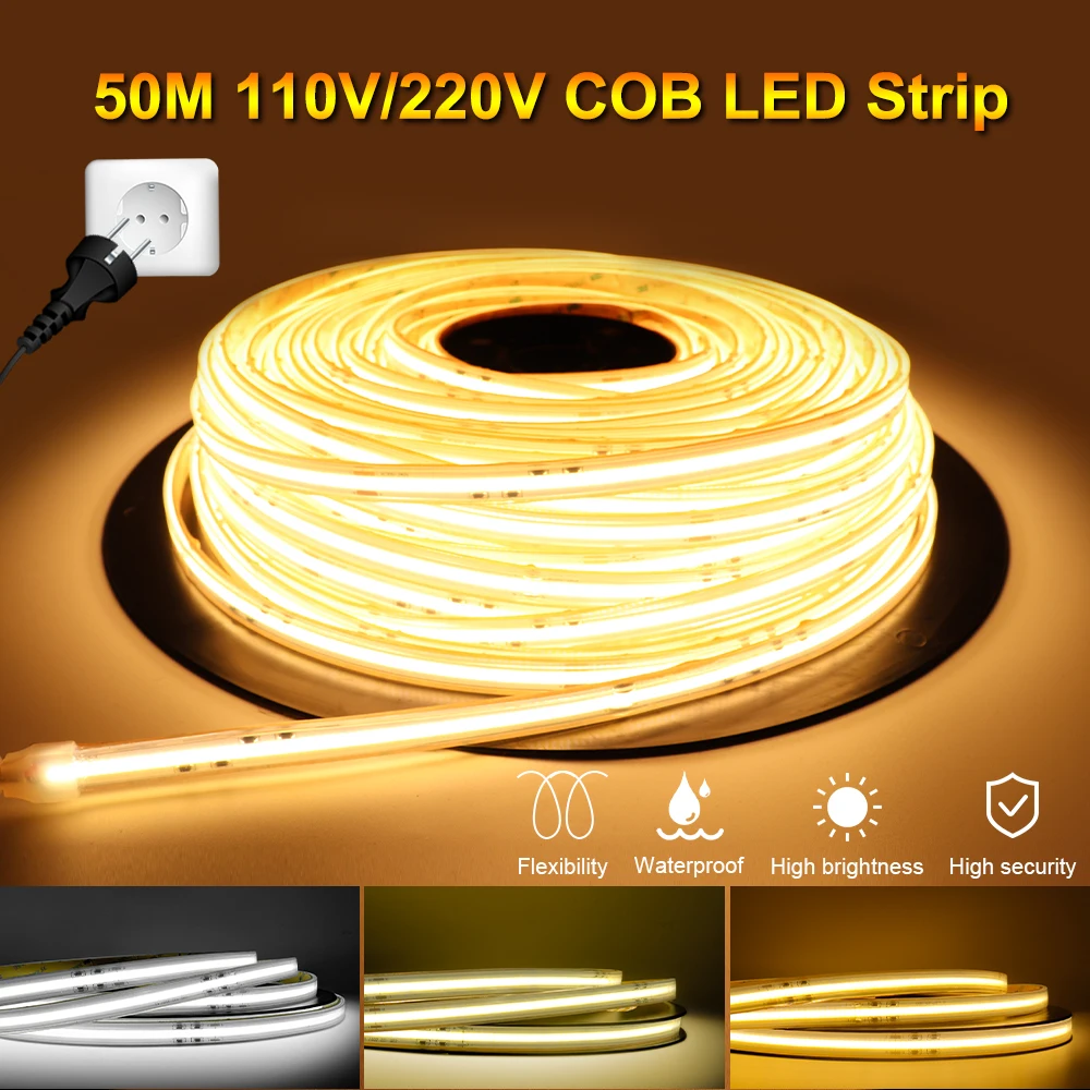 

1-50M 110V/220V COB LED Strip Light CRI 90 IP67 Waterproof Flexible Neon Ribbon Rope Light Dimmable 420LEDs/M LED Strips Tape