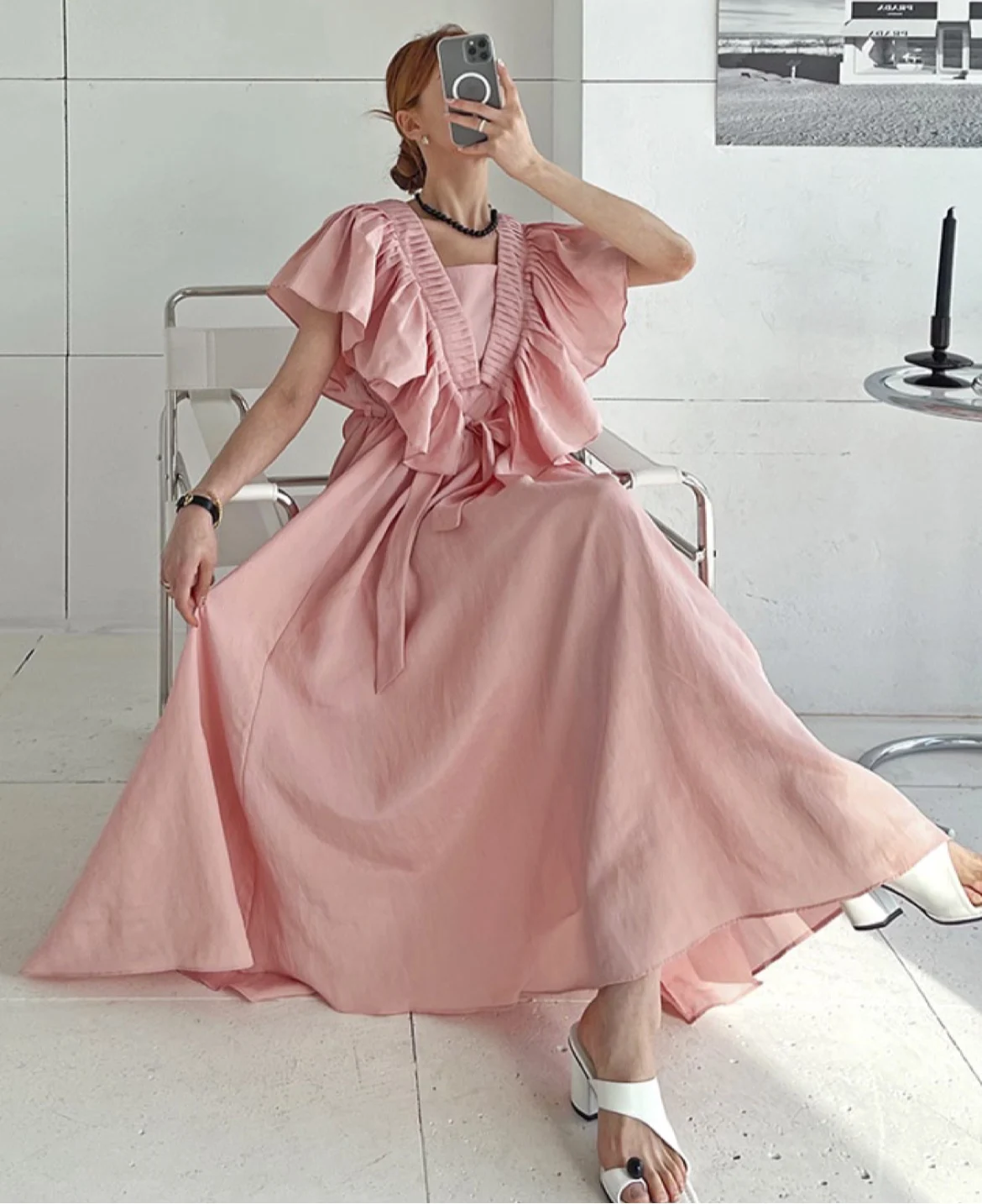 

SuperAen 2022 Summer Retro Ruffle Patchwork Square Collar Butterfly Sleeve A-LINE Casual Flounced Edge Dresses for Women