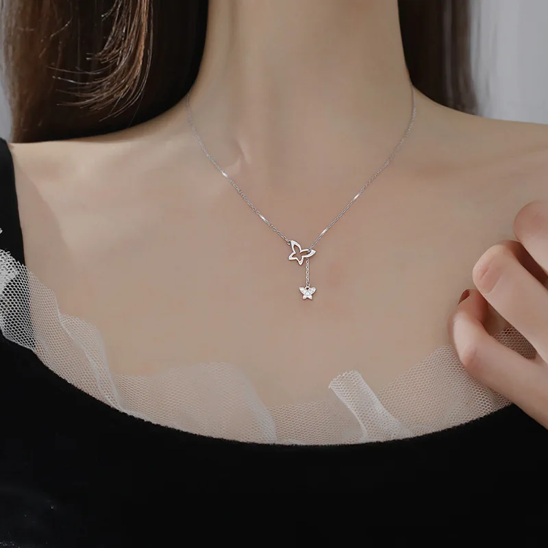 

925 Sterling Silver Flashing Diamond Butterfly Tassel Necklace Female Hollow Clavicle Chain Simple Temperament Jewelry Gift