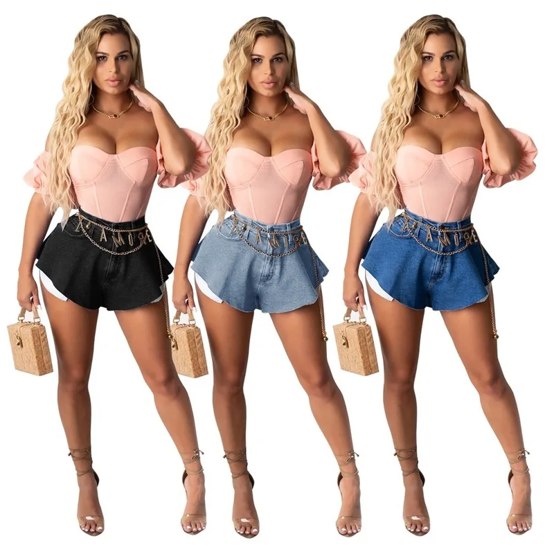 2021 High Waist Denim Patchwork Pocket Fan-shaped Irregular Sexy Solid Color Loose Mini Denim Shorts Streetwear Woman Clothing