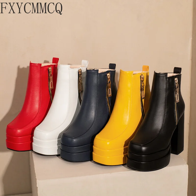 FXYCMMCQ 2022 Autumn and Winter Trendy Square Toe High-heeled Short Boots Temperament All-match Women's Boots 33-66
