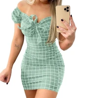 40hotsweet bowknot decor slim mini dress plaid print off shoulder bodycon dress female clothes