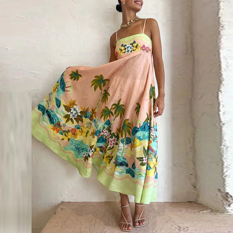 

Lady Pockets Party Dress Chic Cartoon Print Waist Pleated Long Dress Elegant Women Off Shoulder Backless Loose Beach Dresses