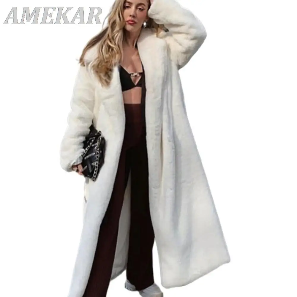 

Women Winter Real Rabbit Fur Coat Lengthen Knee Loose Lapel OverCoat Female Classic Solid High Quality Thick Warm Plush Coats