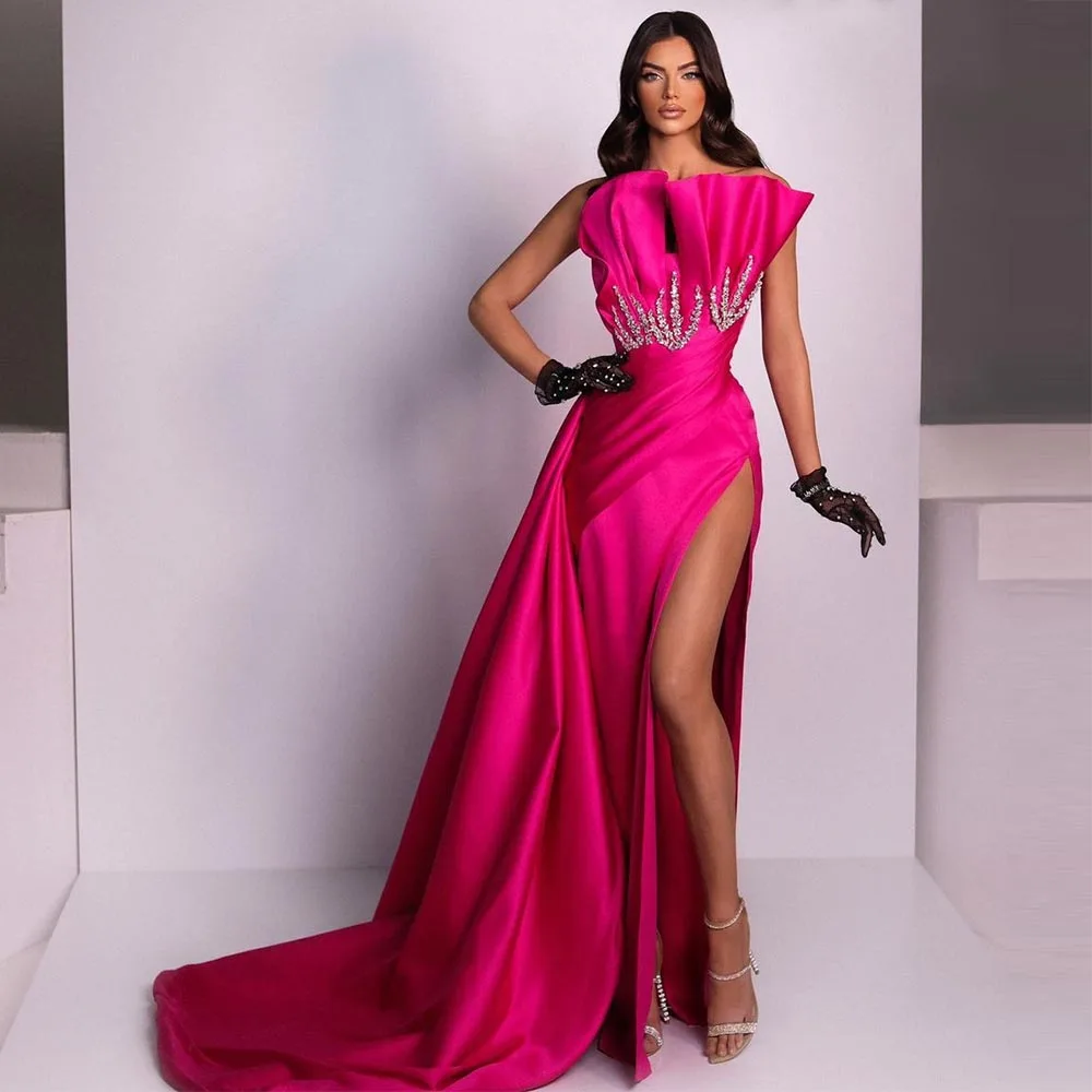 

Xijun Gorgeous Crystal Beadings Satin Mermaid Prom Dresses High Side Split Pleat Ruched Evening Dress Wedding Party Gown 2022