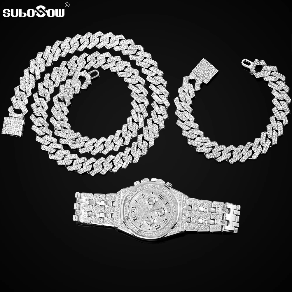 

Цепочка в стиле хип-хоп, украшенная камнями, ожерелье + часы + браслет для мужчин, цепочка из панцирной кубинской панцирной цепи Майами, ожерелья в виде рэпера, ювелирные изделия