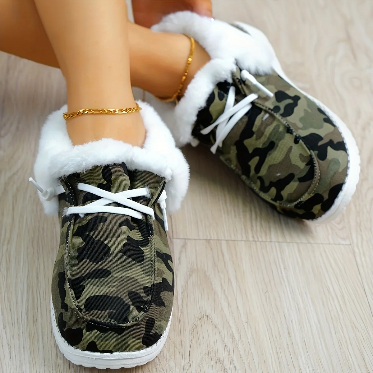 Женские пушистые парусиновые туфли камуфляжная обувь с круглым носком без