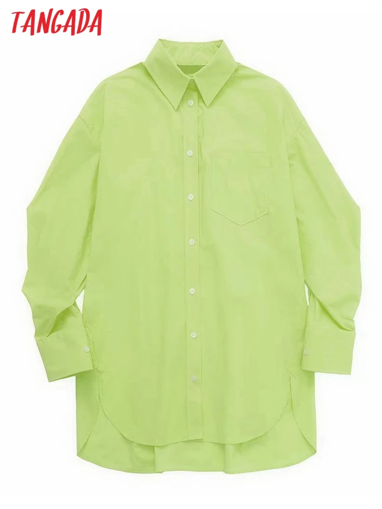 

Tangada Women Fashion Oversized Green Loose Poplin Shirts Vintage Long Sleeve Button-up Female Blouses Blusas Chic 3H310