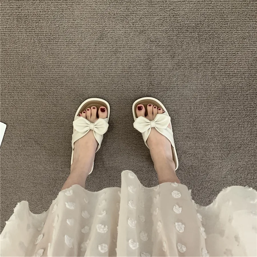 Mori Style Gentle Flat Sandals 2022 Summer New French Style Bow Flip Flops Sandals Women's Shoes for Outdoors