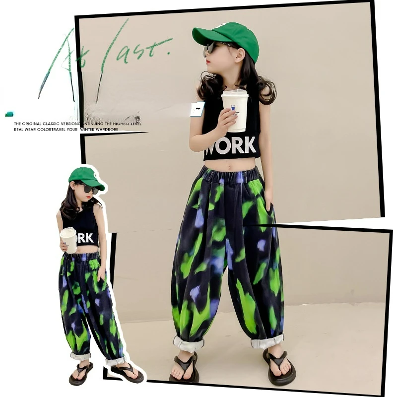 

Net red children's clothing girl hip-hop vest spray paint harem pants suit 2022 summer new style