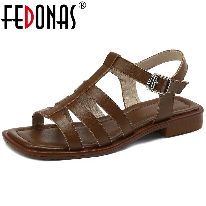 

FEDONAS Sandals For Women Summer Retro Fashion Concise Genuine Leather Rome Style Peep Toe Low Heeled Working Casual Shoes Woman