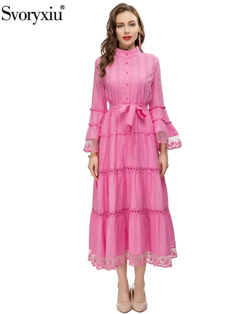 

Svoryxiu New Spring Summer Designer Pink Color Hollow Out Midi Dress Women's Flare Sleeve Button Bow Frenum High Waist Dress