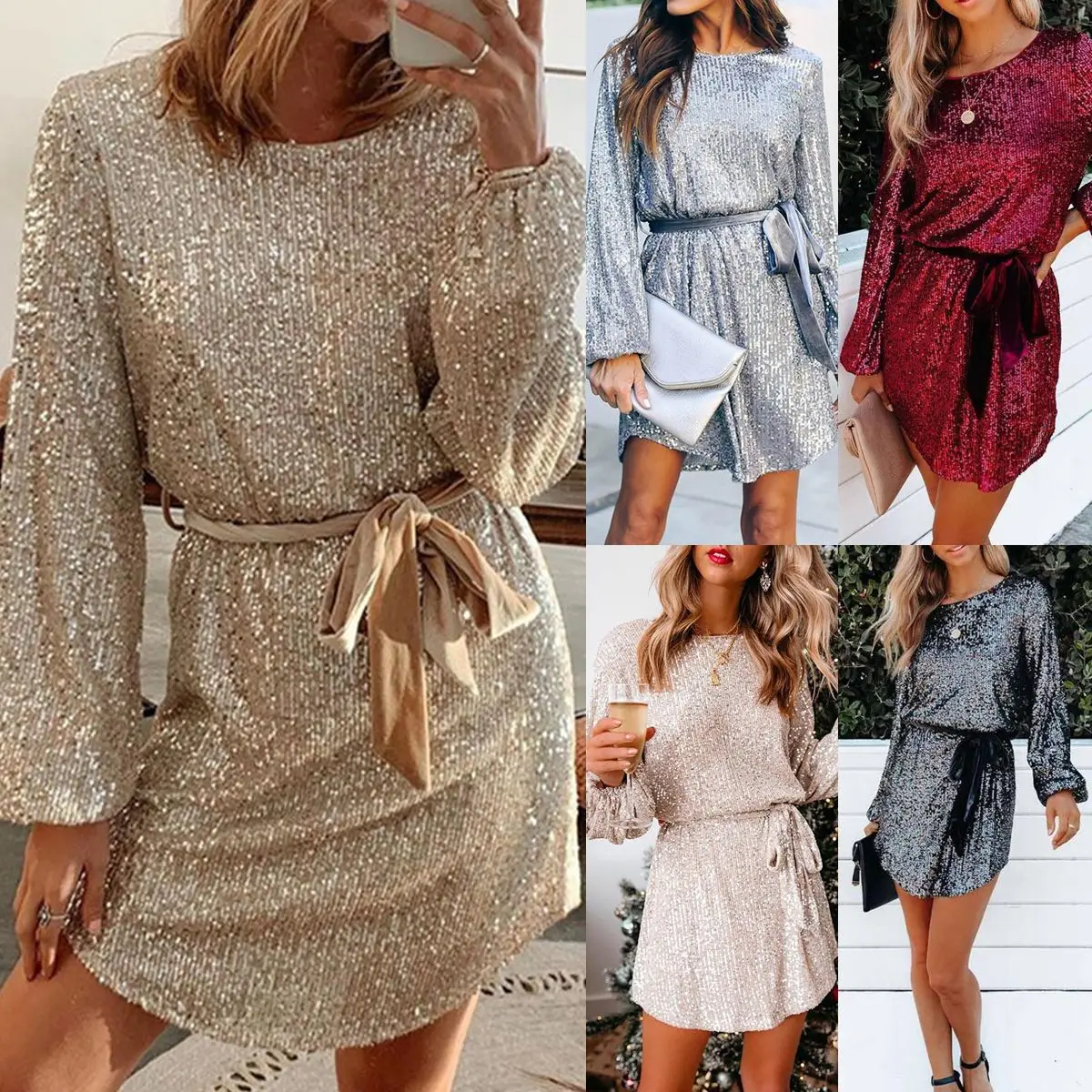 

Women's 2022 Fall Slim Lantern Sleeves Round Neck Belt Sequin Dress Women