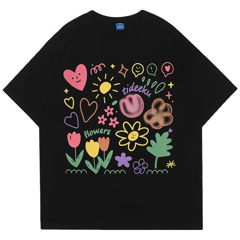 

Hip Hop Harajuku T Shirt Streetwear Cartoon Flowers Printed T-Shirt Cotton Casual Tshirt Summer Men Short Sleeve Tops Tees Black
