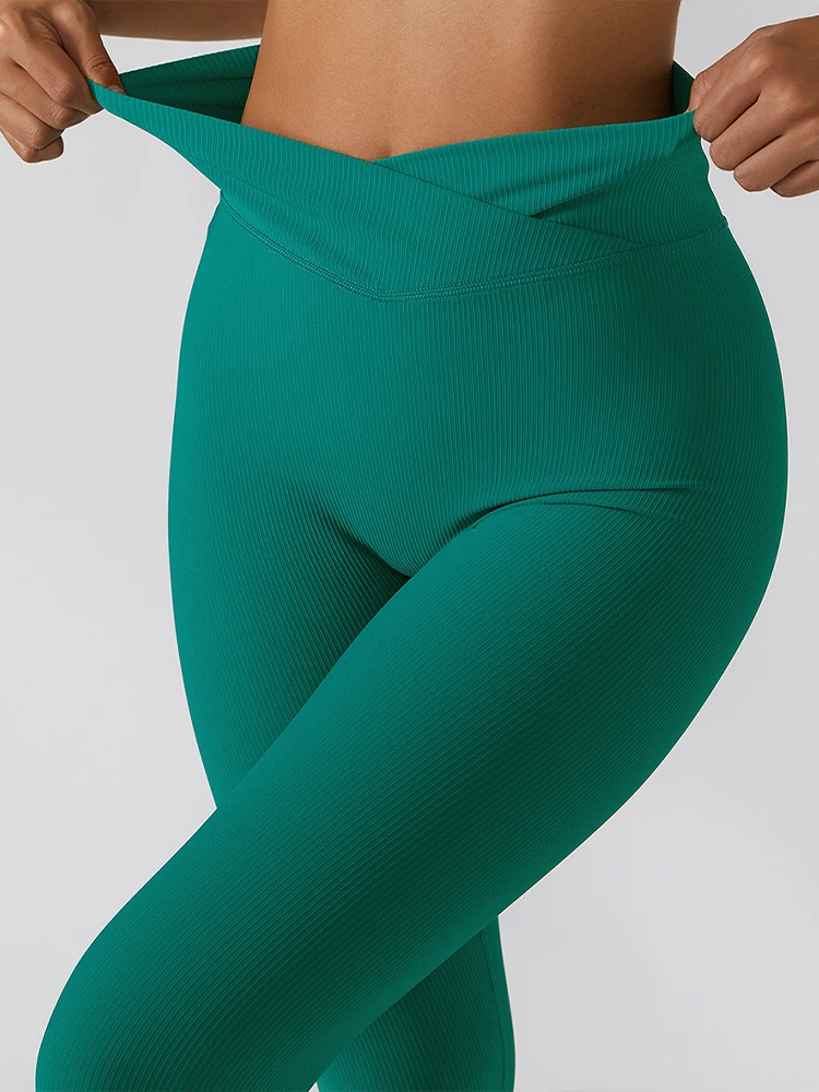 Women Ribbed Seamless Butt Lifting Leggings Cross High Waisted Quick Drying Tummy Control Workout Gym Yoga Pants Tights