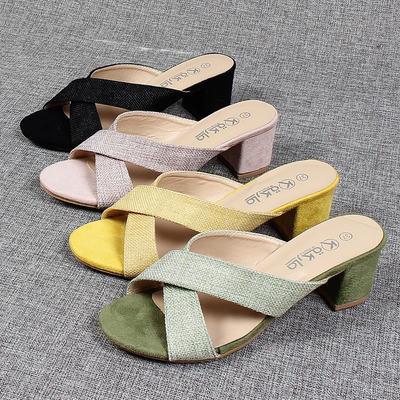 

Шлепанцы женские на квадратном каблуке, роскошные сланцы, искусственная кожа, резина, перекрестная шнуровка, блестящие тапочки, для улицы