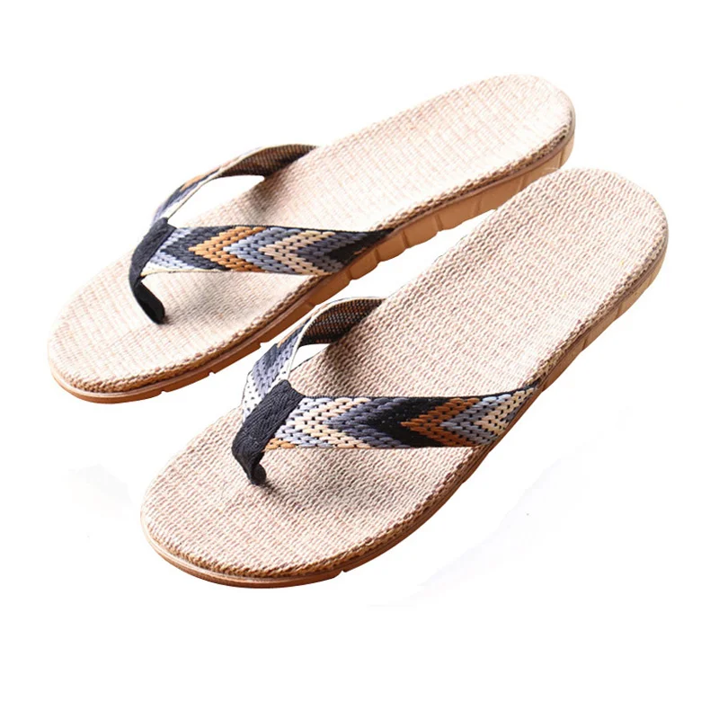 Men's Linen Flip Flops Striped Ribbon Sandals Flat  Non-Slip Linen Slides Home Slippers Man Casual Straw Beach Shoes