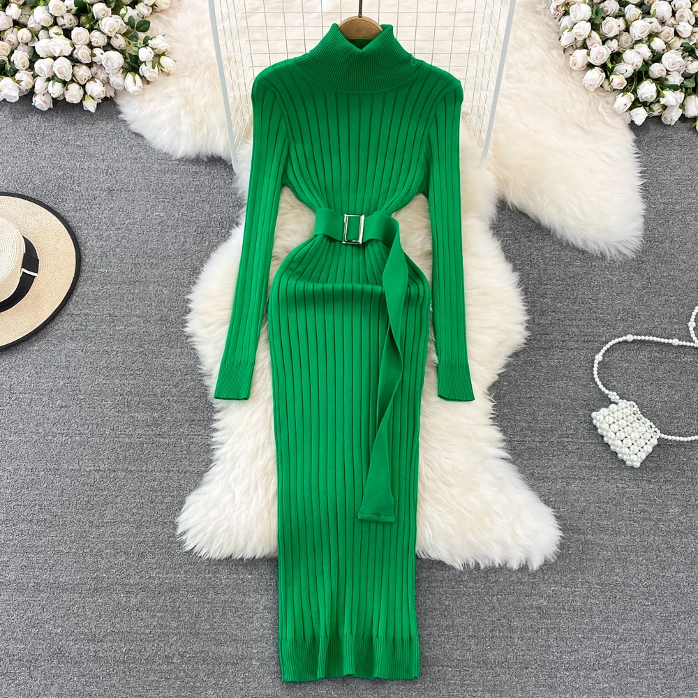

Chic Elegant Turtleneck Long Sleeve Bodycon Dress with Belt Sexy Fashion Knit Vestido Slim Autumn Winter Pencil Sweater Dress