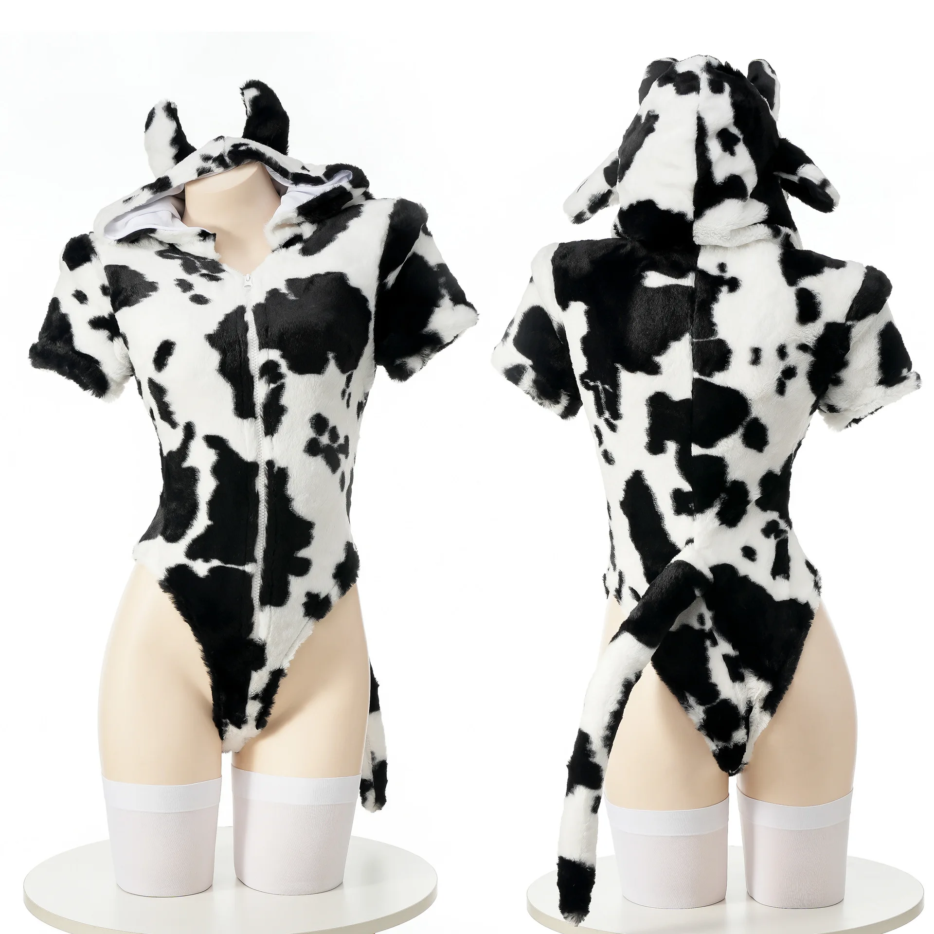 

Sexy High Split Bodysuit Cosplay Cow Hooded Sweater Sleepwear Plush Cute Anime Performance Clothing