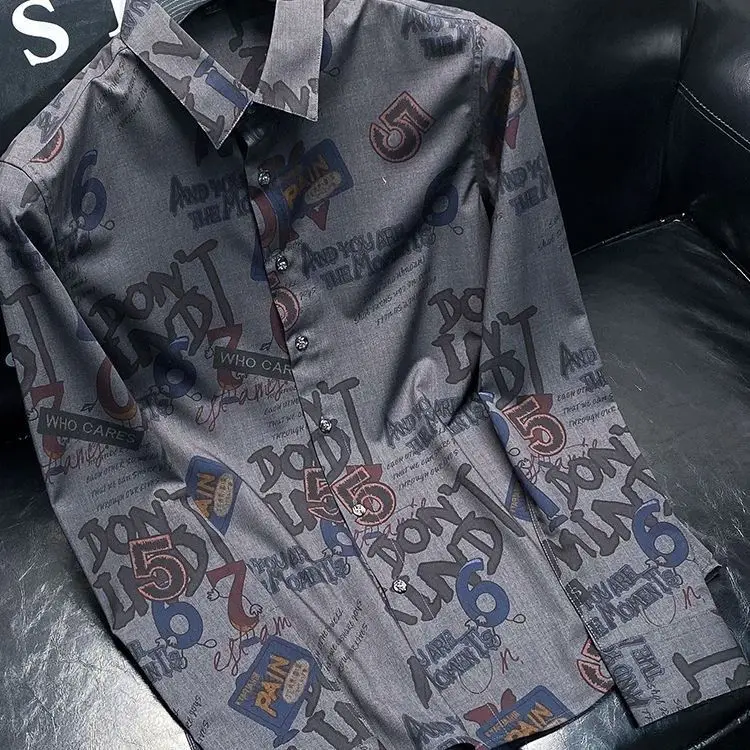Autumn khaki printed shirt men's fashion slim handsome senior long sleeve shirt