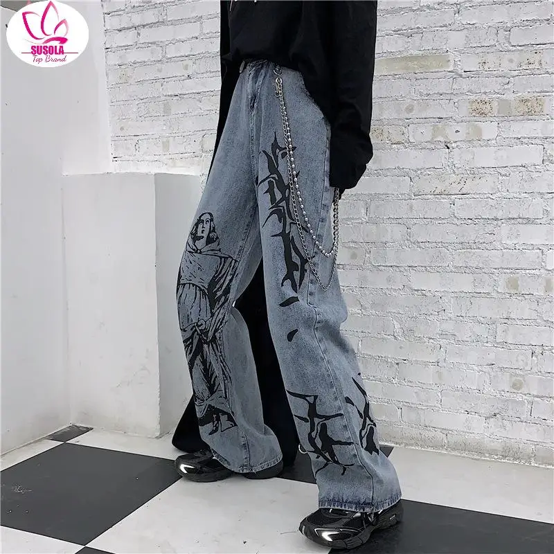 

2022 New Summer Fashion Ins Street Hip-hop Printing Wash Jeans Loose Casual Denim Wide Leg Pants Tide Woman